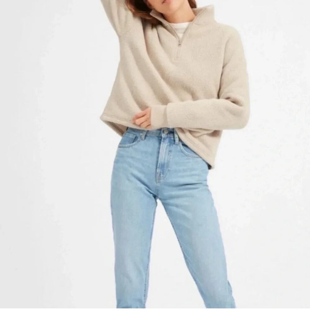 Everlane The ReNew Fleece Half Zip Cropped Fit Beige Oatmeal Small